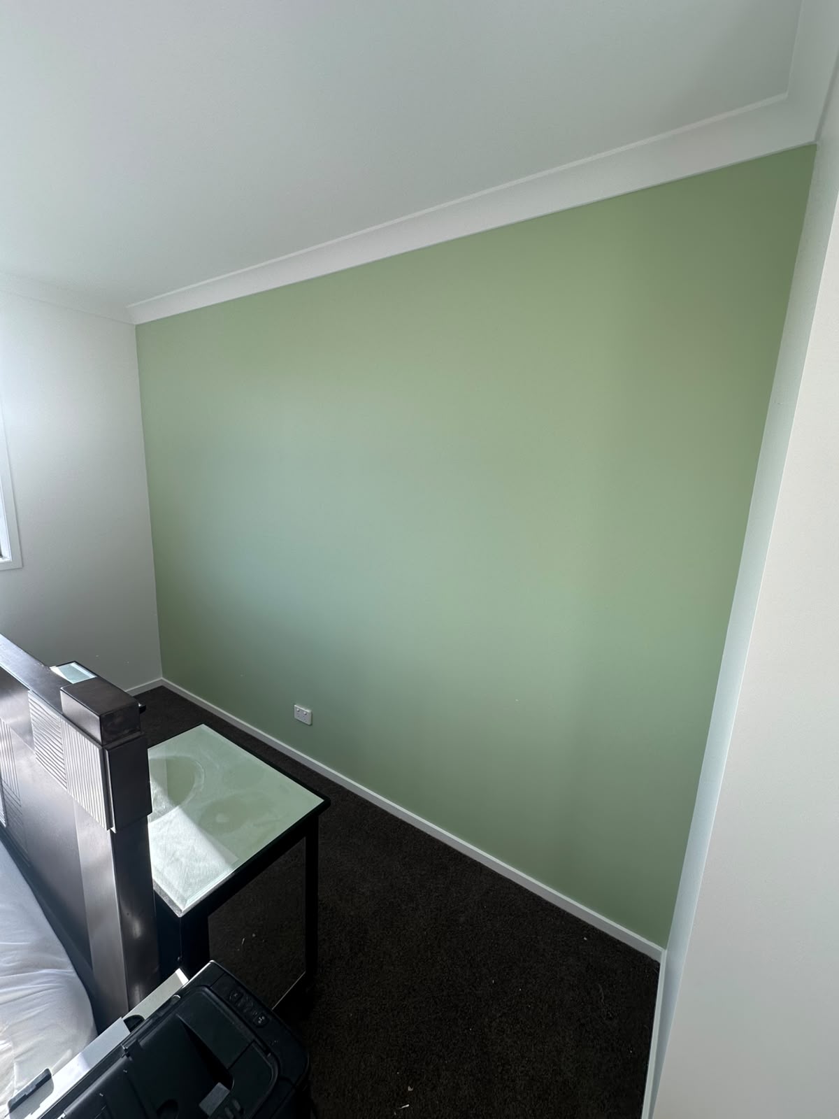 Precision cut-in window reveal meeting sage green interior wall