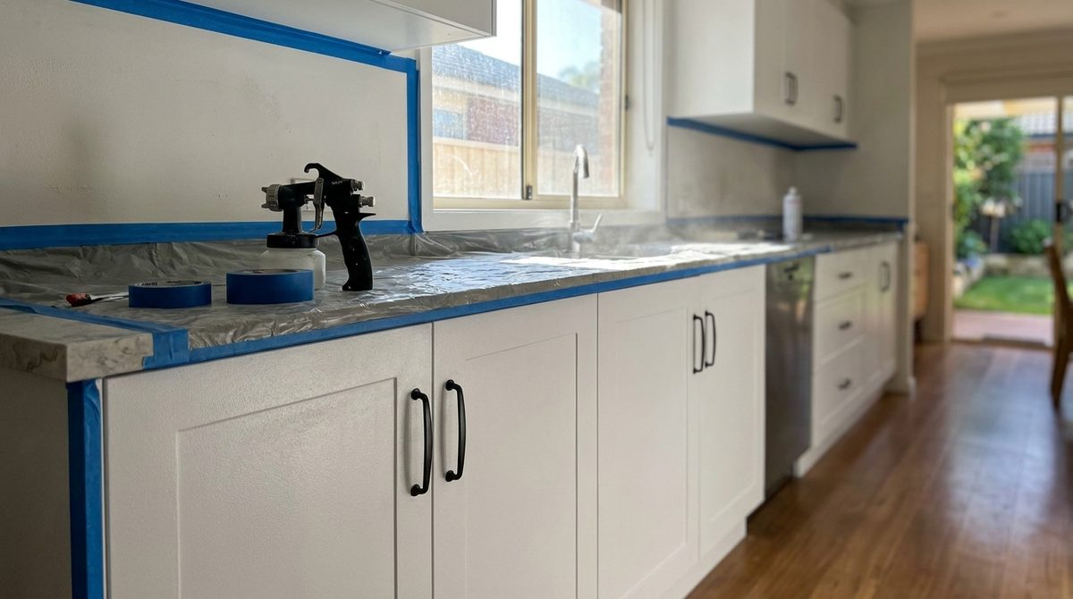 Freshly painted white kitchen cabinets with painter's tape and a spray gun on a protected benchtop