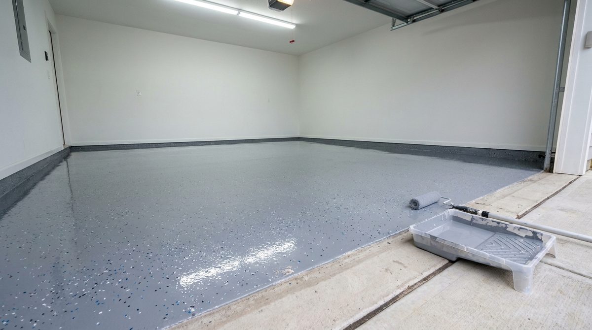 Garage concrete floor coated in grey epoxy with a flake finish, roller and tray at the edge