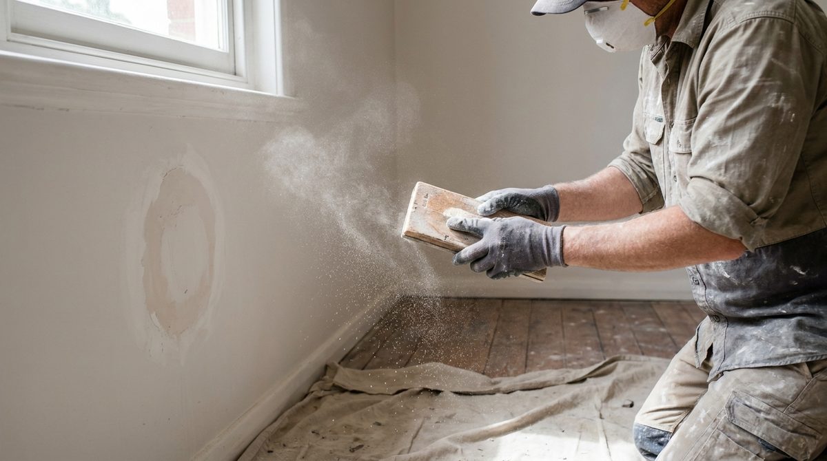 Plasterer sanding a patched hole flush on an interior wall over a drop sheet